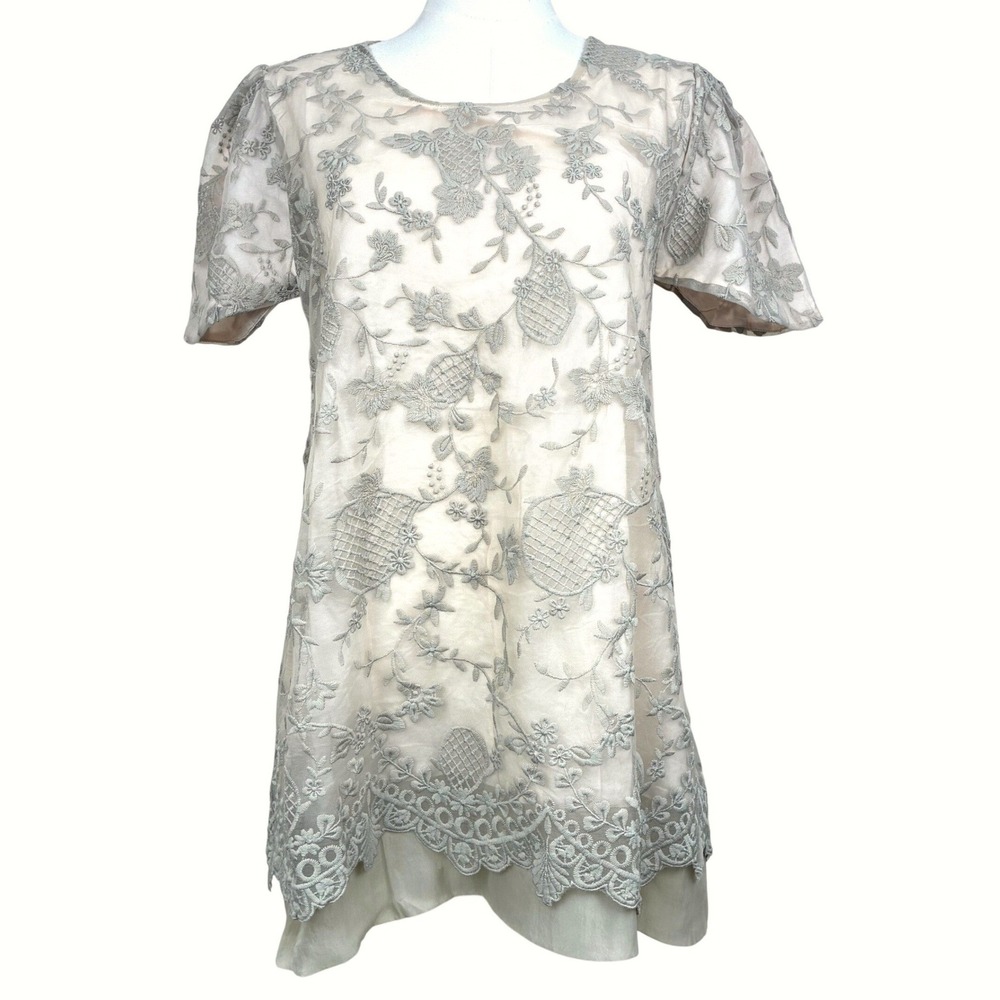 NWT Womens Mini Dress Sz S Babydoll Coquette Puff Sleeves Lace Shift Feminine